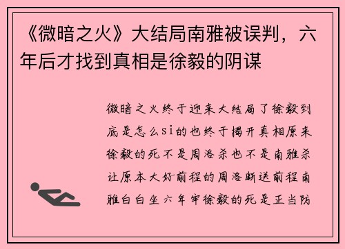 《微暗之火》大结局南雅被误判，六年后才找到真相是徐毅的阴谋