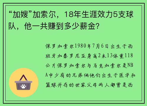 “加嫂”加索尔，18年生涯效力5支球队，他一共赚到多少薪金？