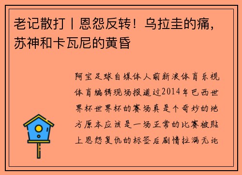 老记散打丨恩怨反转！乌拉圭的痛，苏神和卡瓦尼的黄昏