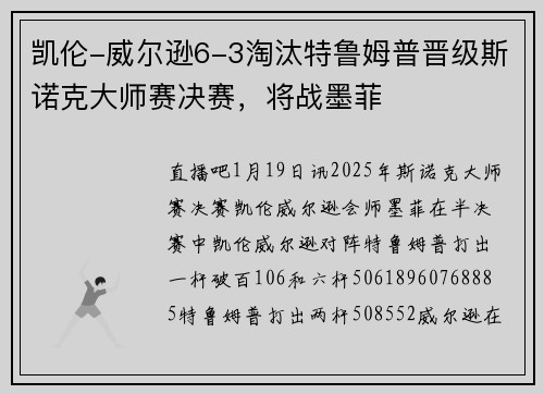 凯伦-威尔逊6-3淘汰特鲁姆普晋级斯诺克大师赛决赛，将战墨菲